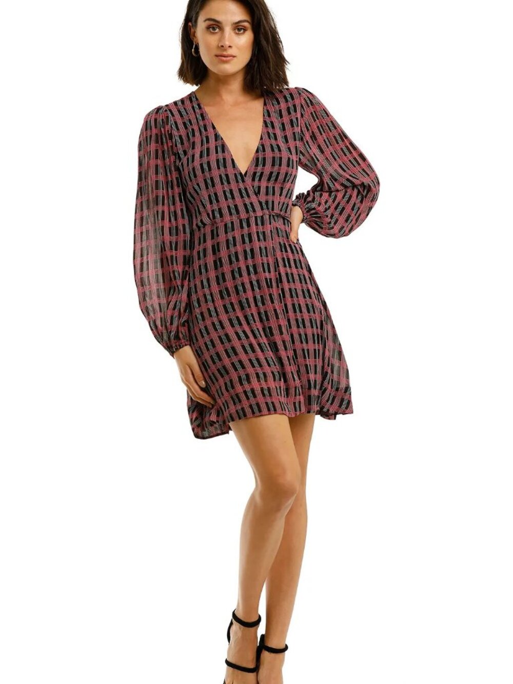 Ganni Pink & Black Check Long-Sleeve Wrap Mini Dress - Sz 38 (US 6)